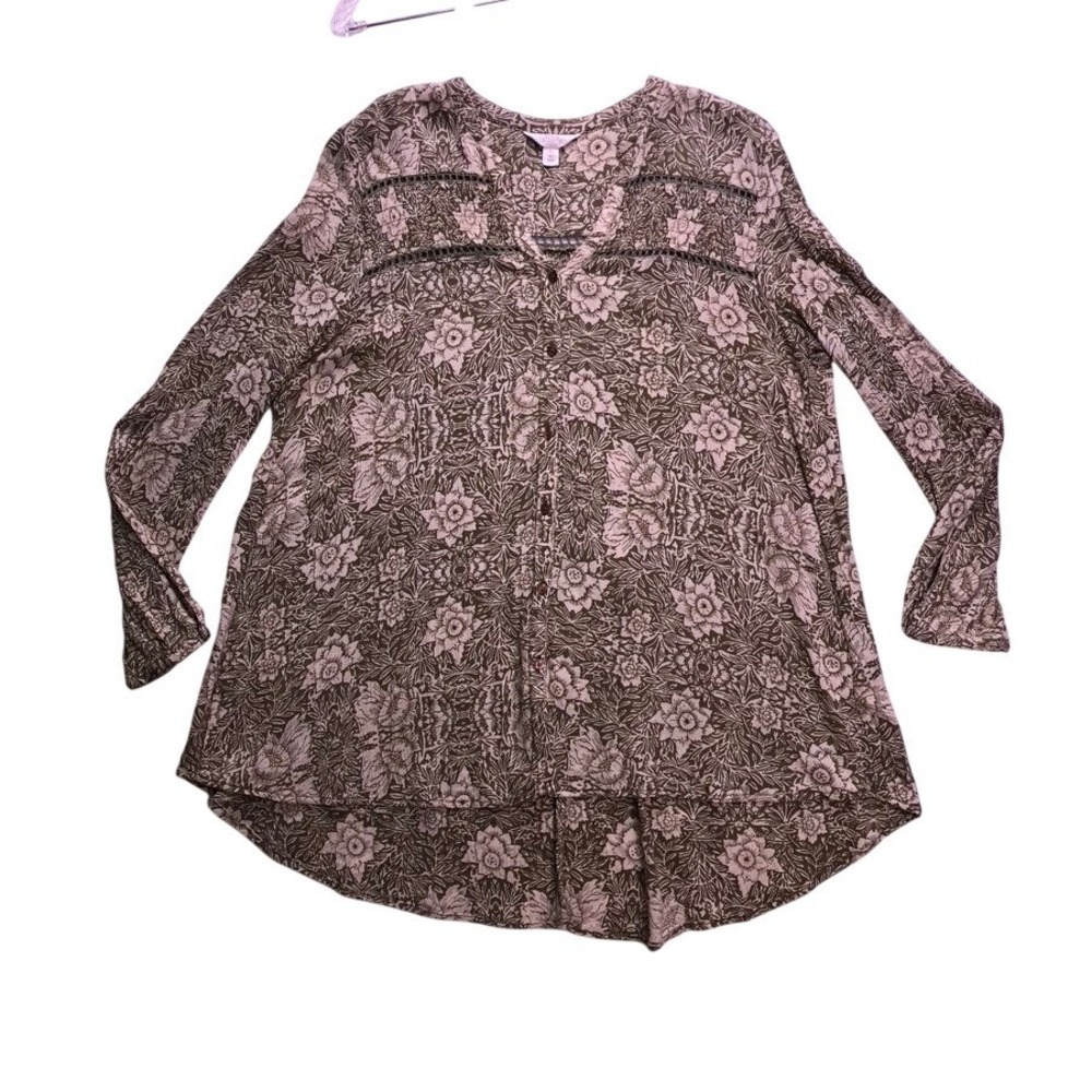 Sun‎ & Shadow Floral Blouse Womens XL Olive Green Boho Crochet Trim